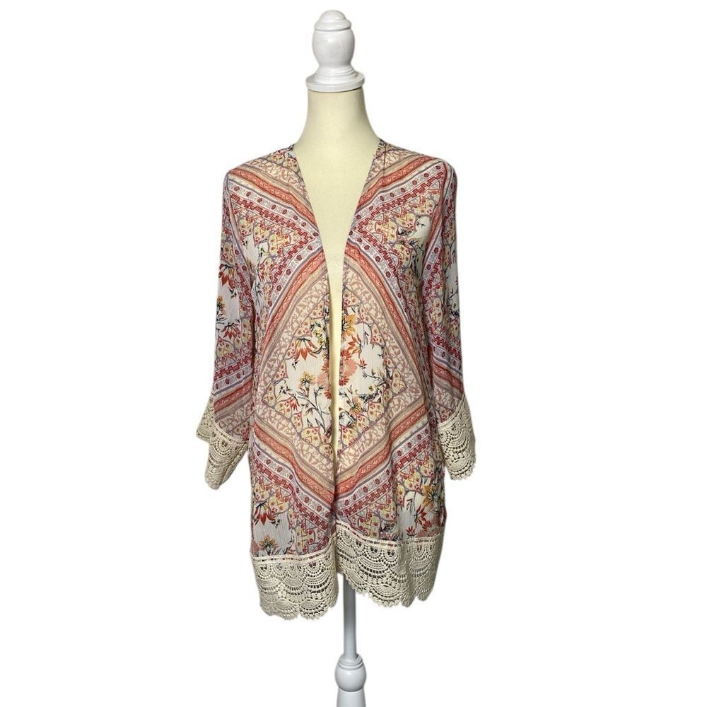 Rewind Bohemian Floral Crochet Lace Colorful Kimono Cardigan Women's Size XS